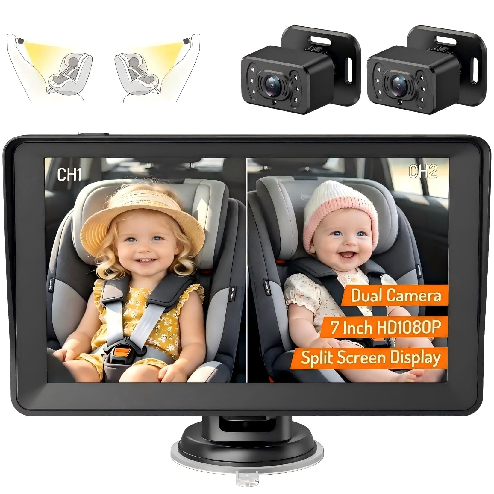Kidsneed 7 inch HD 1080P Split Screen Baby Car Camera for 2 Kids