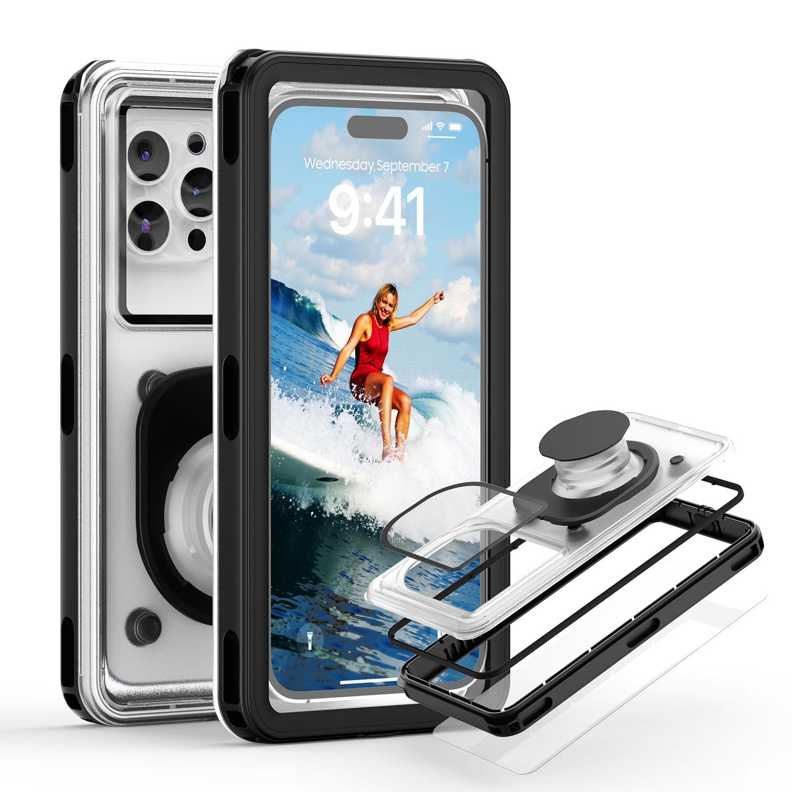 APRUT Waterproof Phone Pouch Case 7.5", 2025 Upgraded IPX8 Waterproof Phone Case for Snorkeling, Universal Fit for iPhone 16 Pro Max 15 14 13, Galaxy S25, Beach Vacation Essentials (Black)