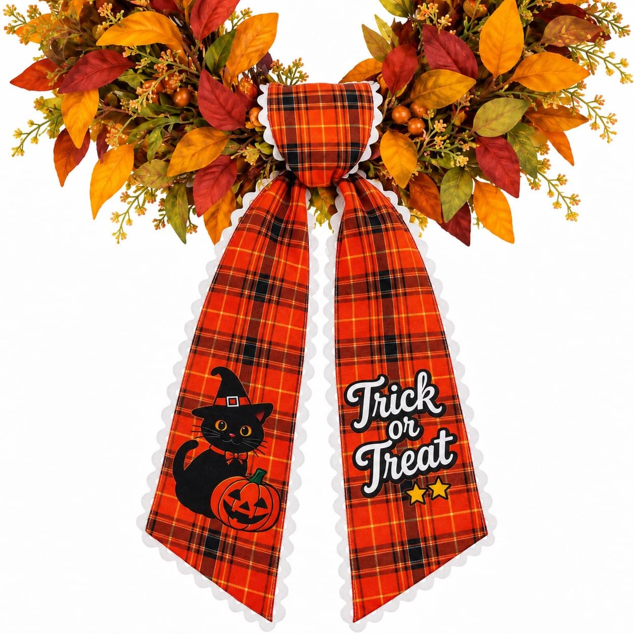 Wreath Sash for Front Door, 5" x 55" Halloween Bow Sash Plaid Ribbon