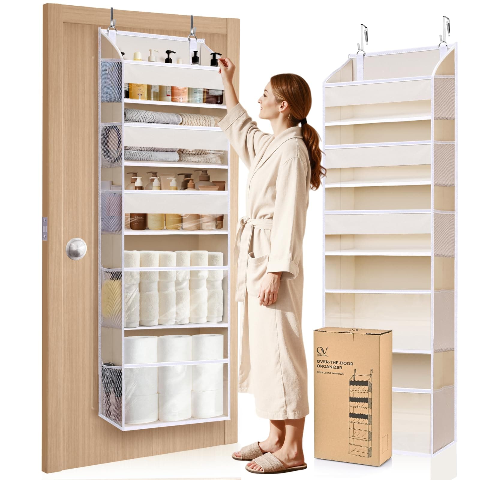5 Tiers Over the Door Organizer with 10 Mesh Side Pockets, 44 lbs Weight Capacity Closet Hanging Storage Organizer with Large Clear Window Kids Toys, Shoes, Diapers, Beige