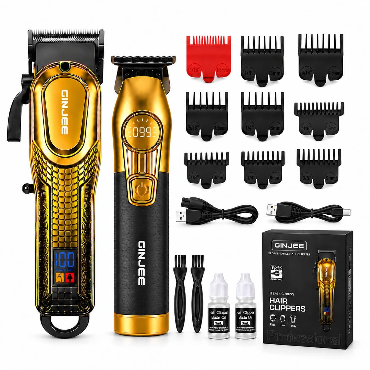 Hair Clippers for Men, Cordless Barber Clipper and Trimmer Set, Gold