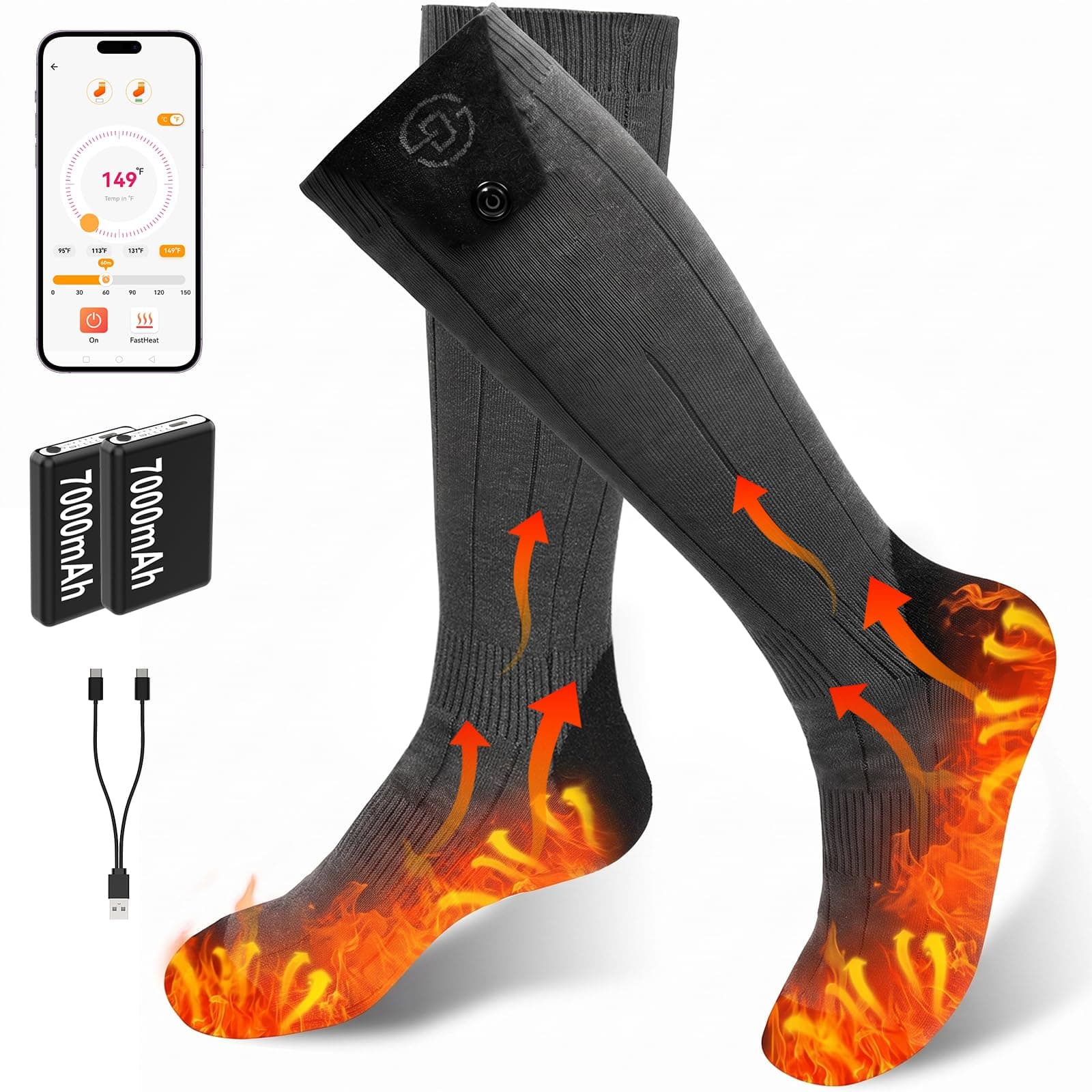 Heated Socks for Men Women, 7000mAh Rechargeable Foot Warmer Socks