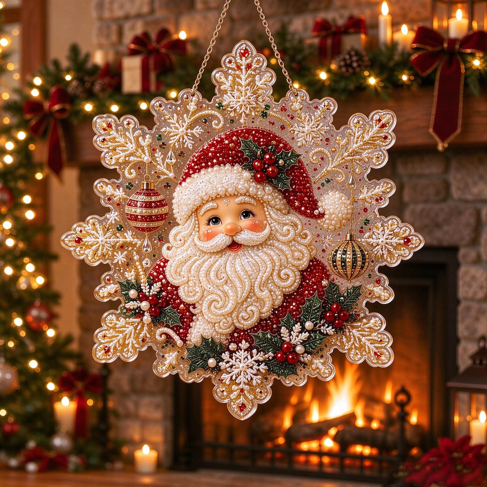 Diamond Art Hanging Kit for Adults, Christmas Diamond Painting Kit, DIY Rhinestone Pearl Suncatcher Ornament, Diamond Painting Craft Kit for Window Hanging Decor, Holiday Home Garden Wall Decoration