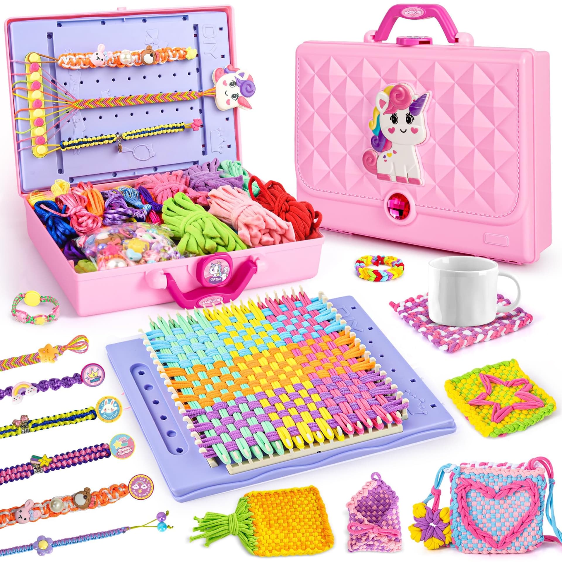 ELFJOY Bracelet Making Kit, Weaving Loom for Kids, Friendship Bracelet Kit, DIY Arts and Crafts for Girls, Potholder Bag Making Coaster Weaving, Weaving Supplies for Beginners Birthday Christmas