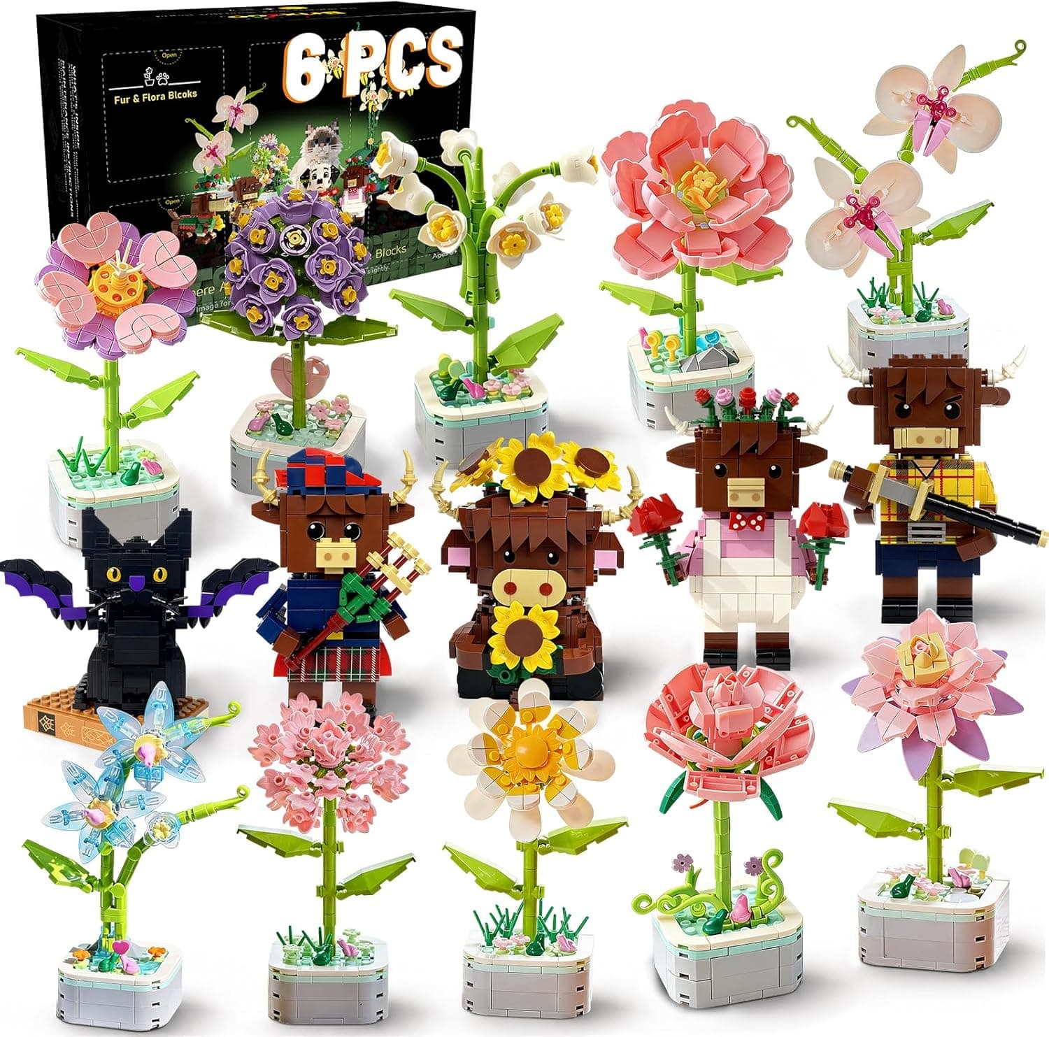 BRIXZOO 6 Set Flowers and Animal Building Blocks Blind Box