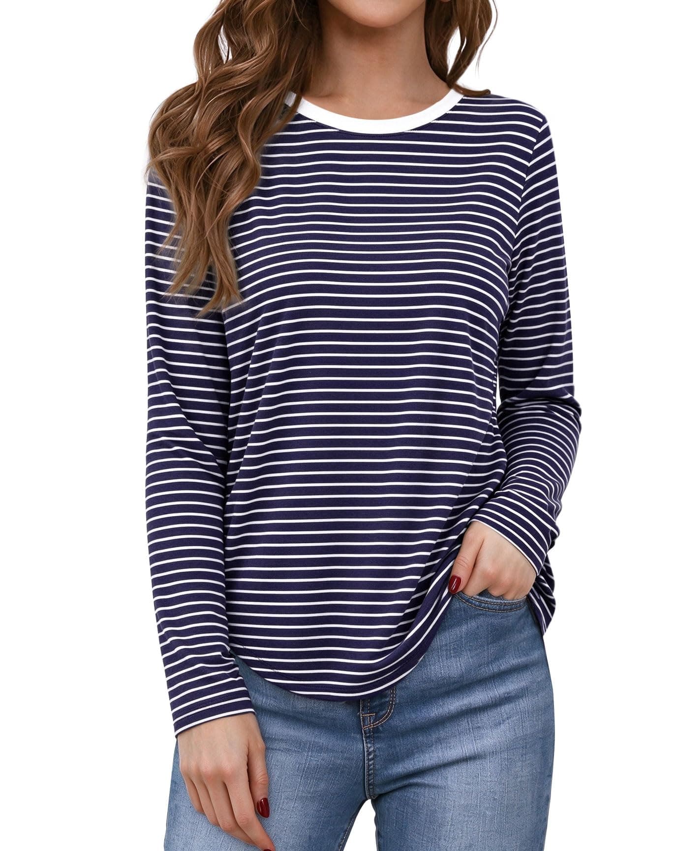 Womens Long Sleeve Top Crew Neck Curved Hem Lightweight Casual Tunic