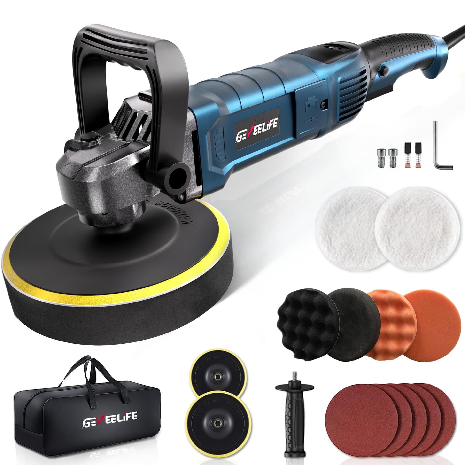 GEVEELIFE Buffer Polisher, 6 Inch/7 Inch 1600W Rotary Car Buffer Polisher Waxer, 7 Variable Speed 1000-3500 RPM, Detachable Handle for Car, Boat Sanding, Polishing, Waxing
