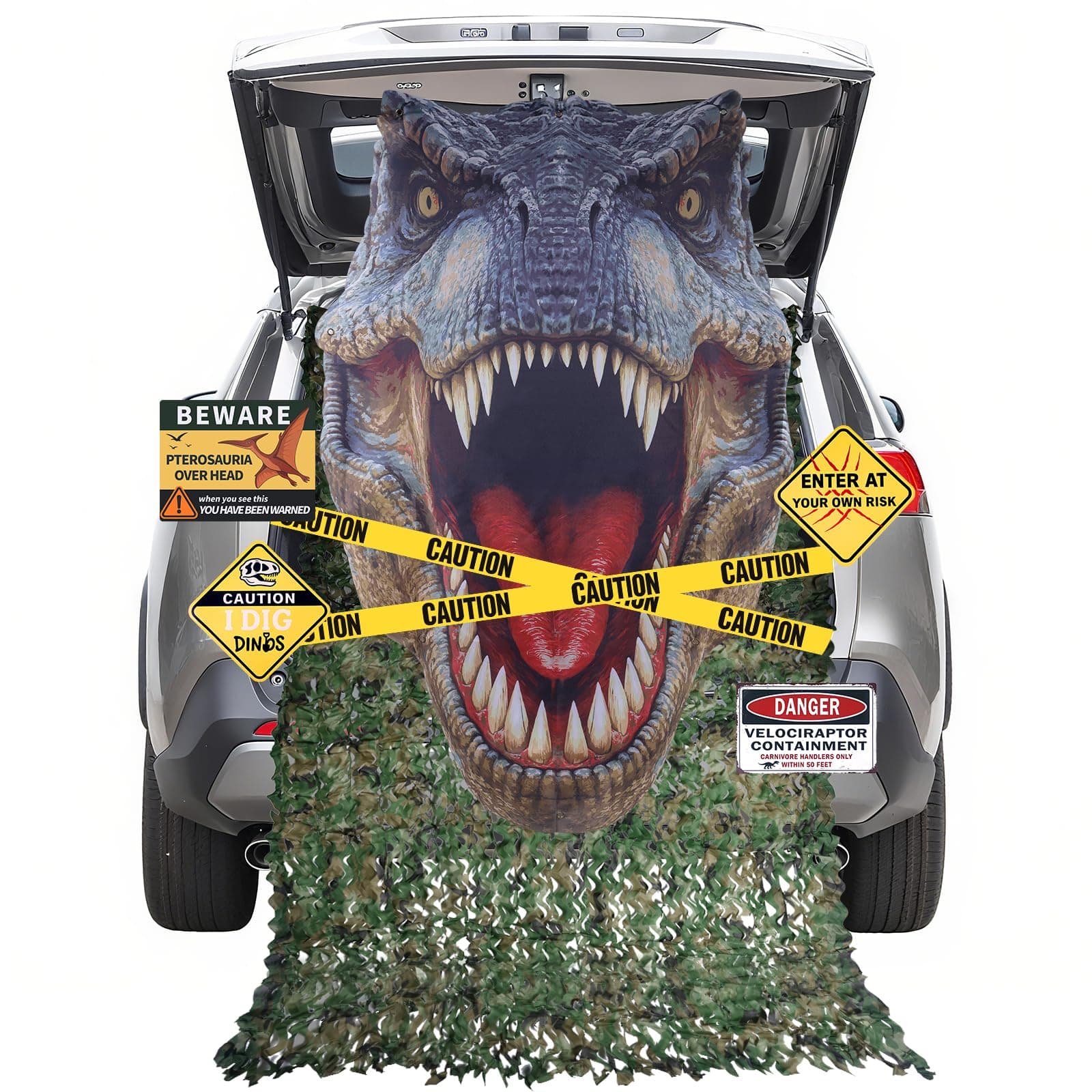 Halloween Dinosaur Trunk or Treat Car Decorations Kit for SUV, Car-Safe & Reusable Realistic Dino Tarp & Stickers for Jurassic Park Theme Party Haunted House Archway Garage Decor -13Pcs
