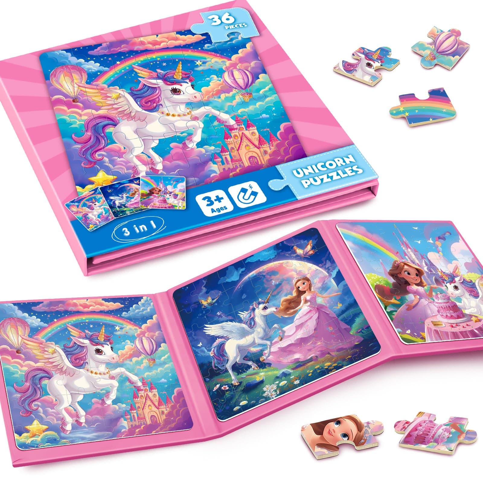 Magnetic Jigsaw Puzzles for Kids 3-8, Unicorn Princess Travel Toy