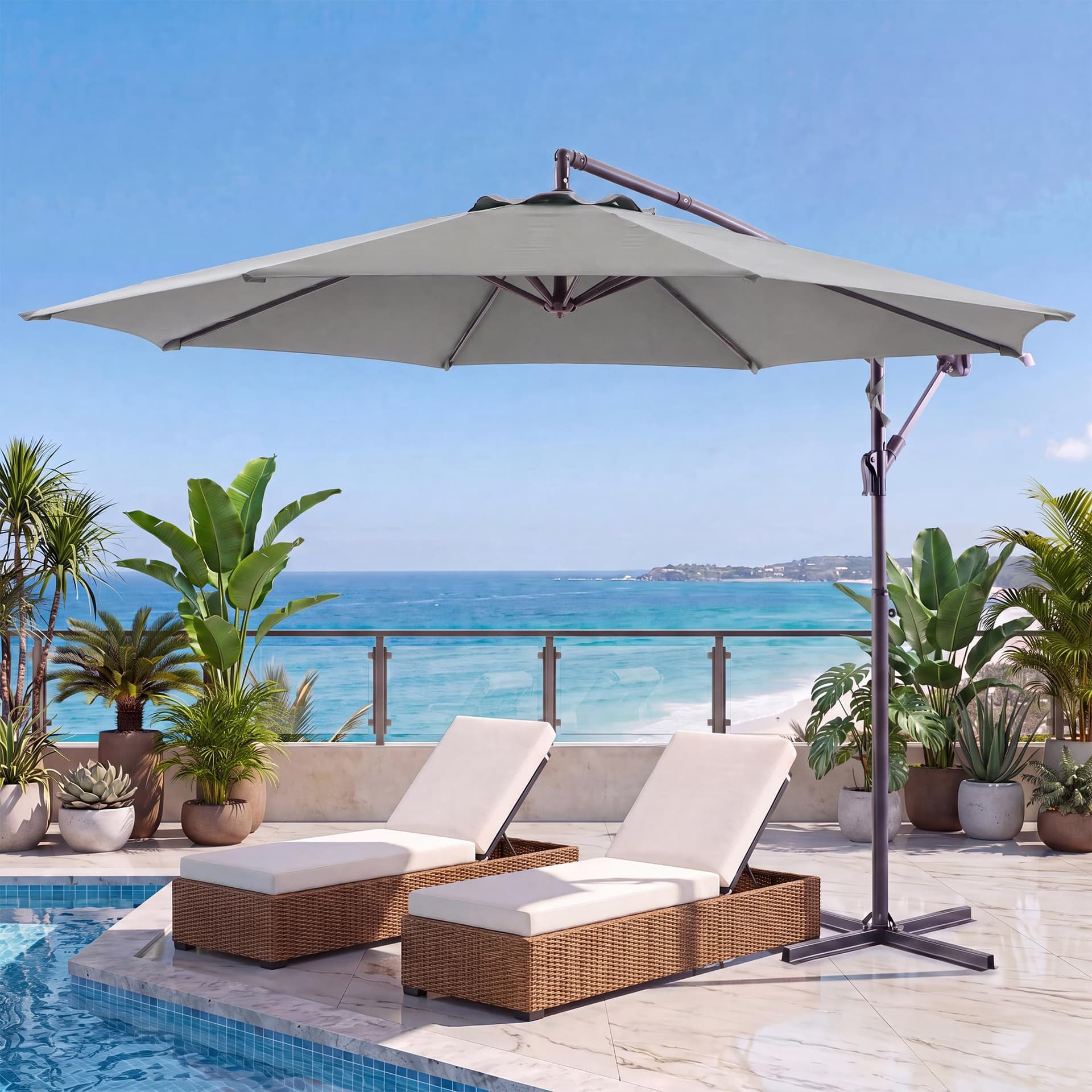 10ft Offset Patio Umbrella, Cantilever Hanging Market Umbrella with 8 Sturdy Ribs, Easy Tilt & Crank, Outdoor Sun Shade for Patio, Backyard, Garden, Poolside, Deck, Grey