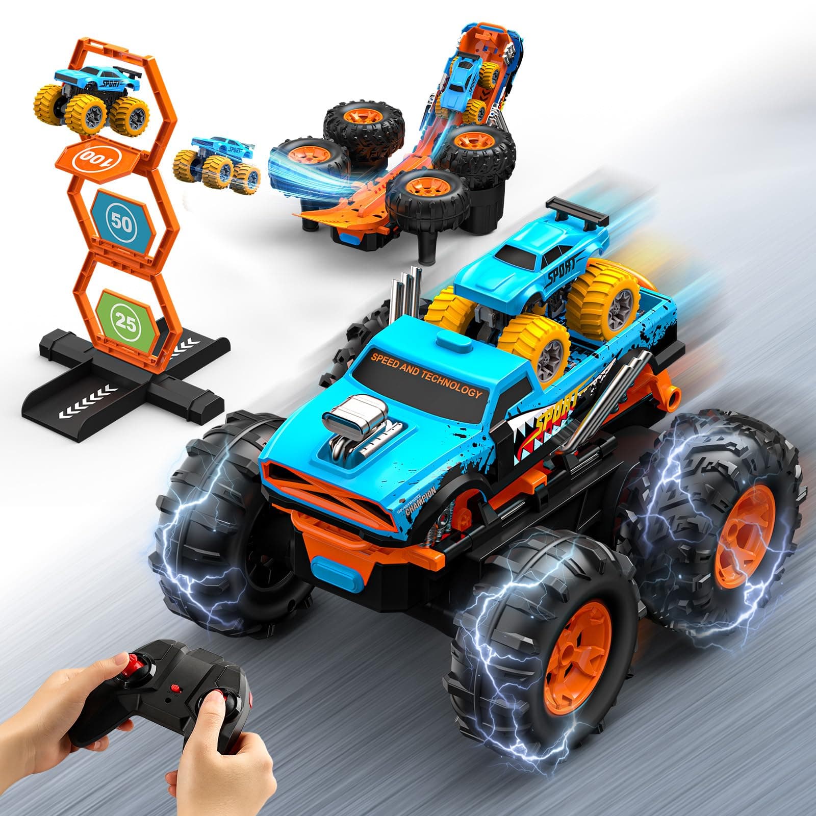 2-in-1 Remote Control Car with Transform Launcher Track – 1:16 RC Monster Truck Toys 2.4GHz, Self-Standing 360° Flips Towing Mini Cars & Electric Scoring Gate Truck Gift for Kids Boys Girls Age 4-12