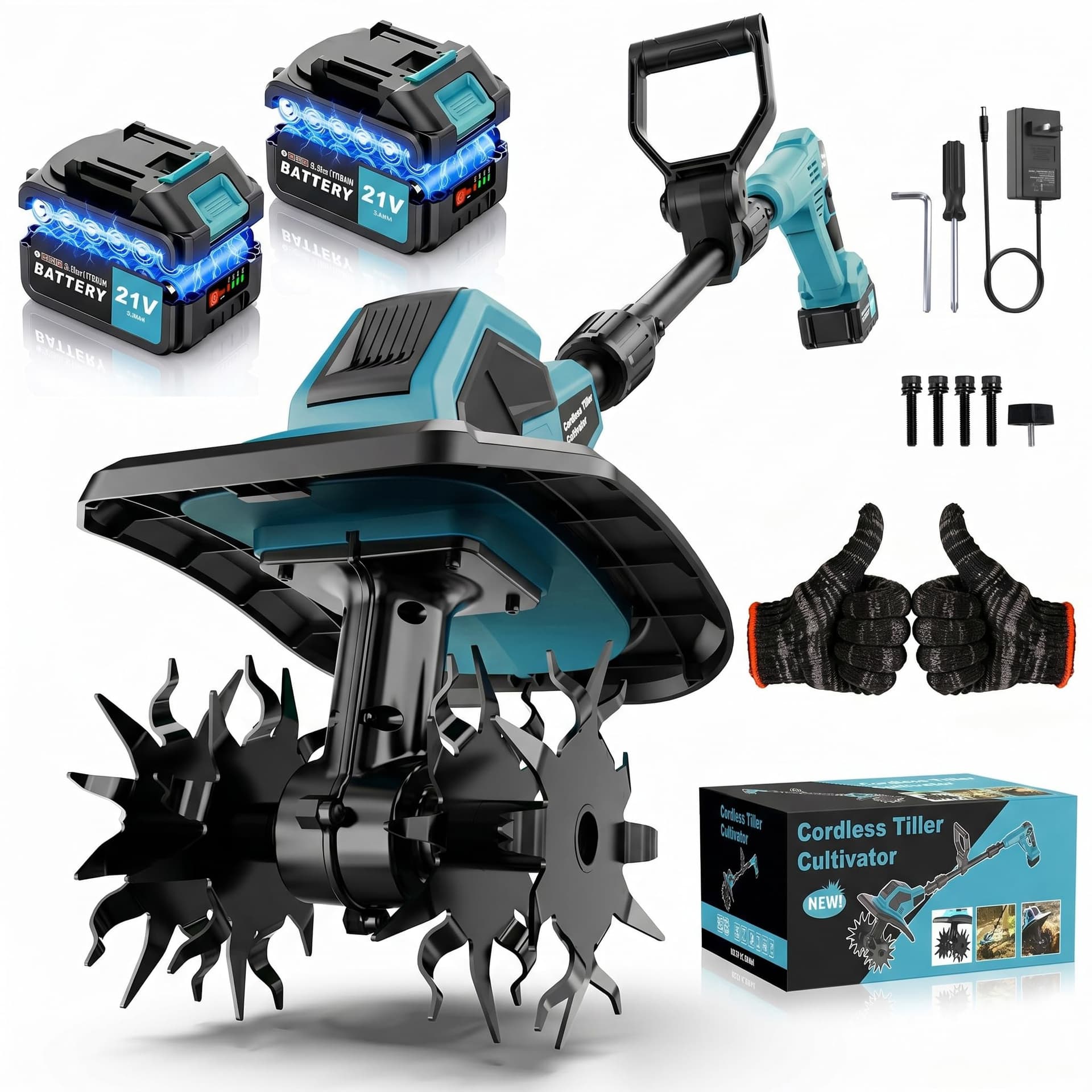 21V Cordless Tiller Cultivator, 360RPM Electric Garden Rototiller with 6000mAh Battery, 9In Tilling Width 6.6In Depth, Battery Powered Soil Cultivator for Garden Lawn Yard Planting