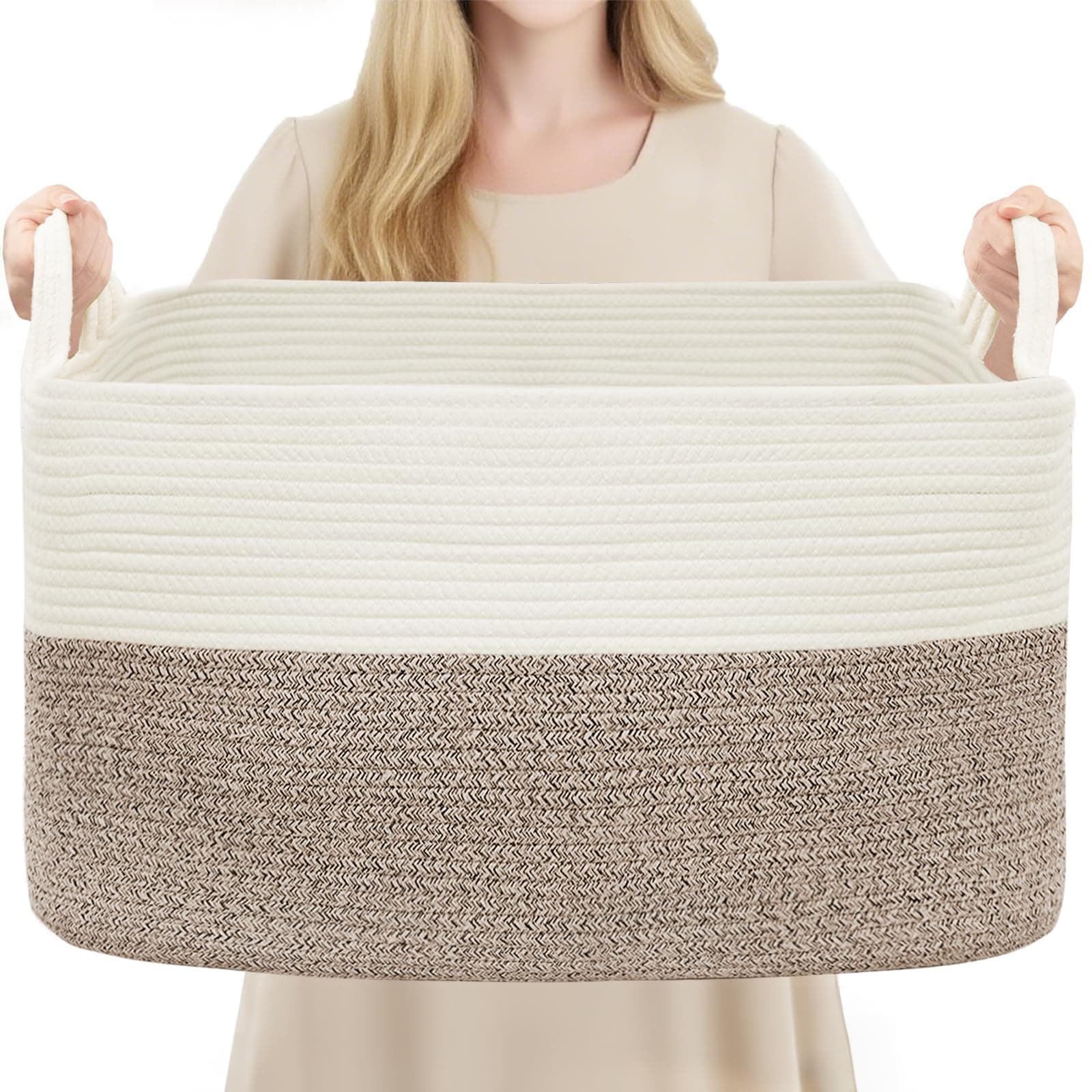 YOUDENOVA Large Blanket Basket, Rectangle Cotton Rope Storage Baske