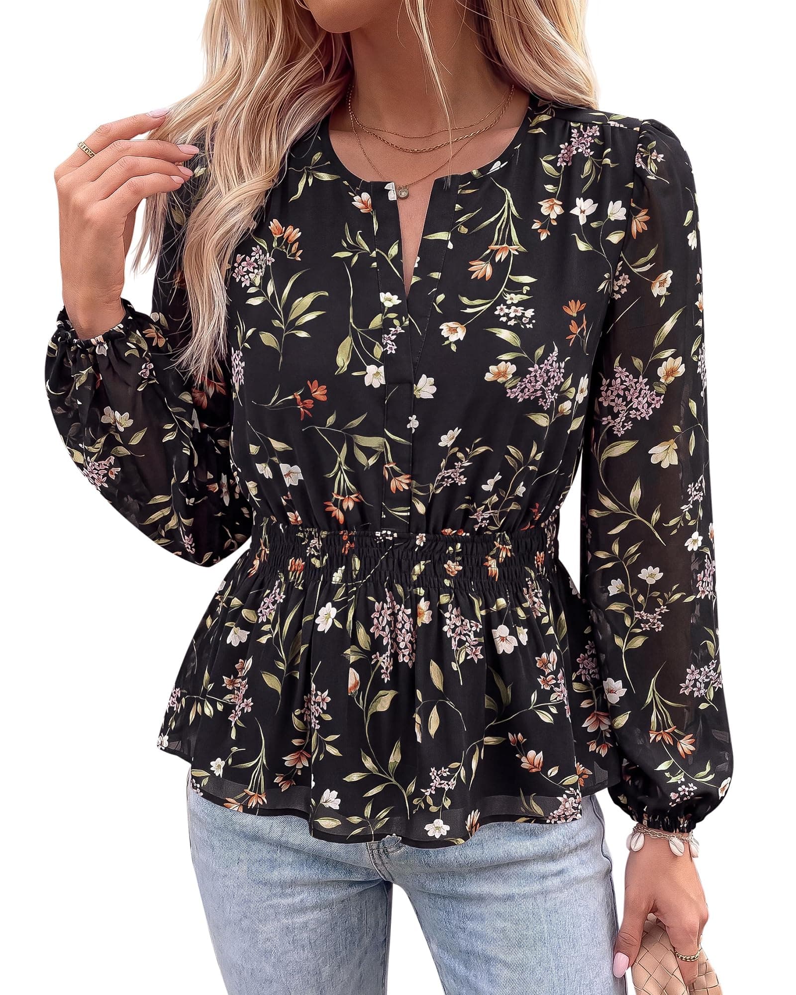 BTFBM Womens Tops Dressy Casual Floral V Neck Long Sleeve Chiffon Shirts
