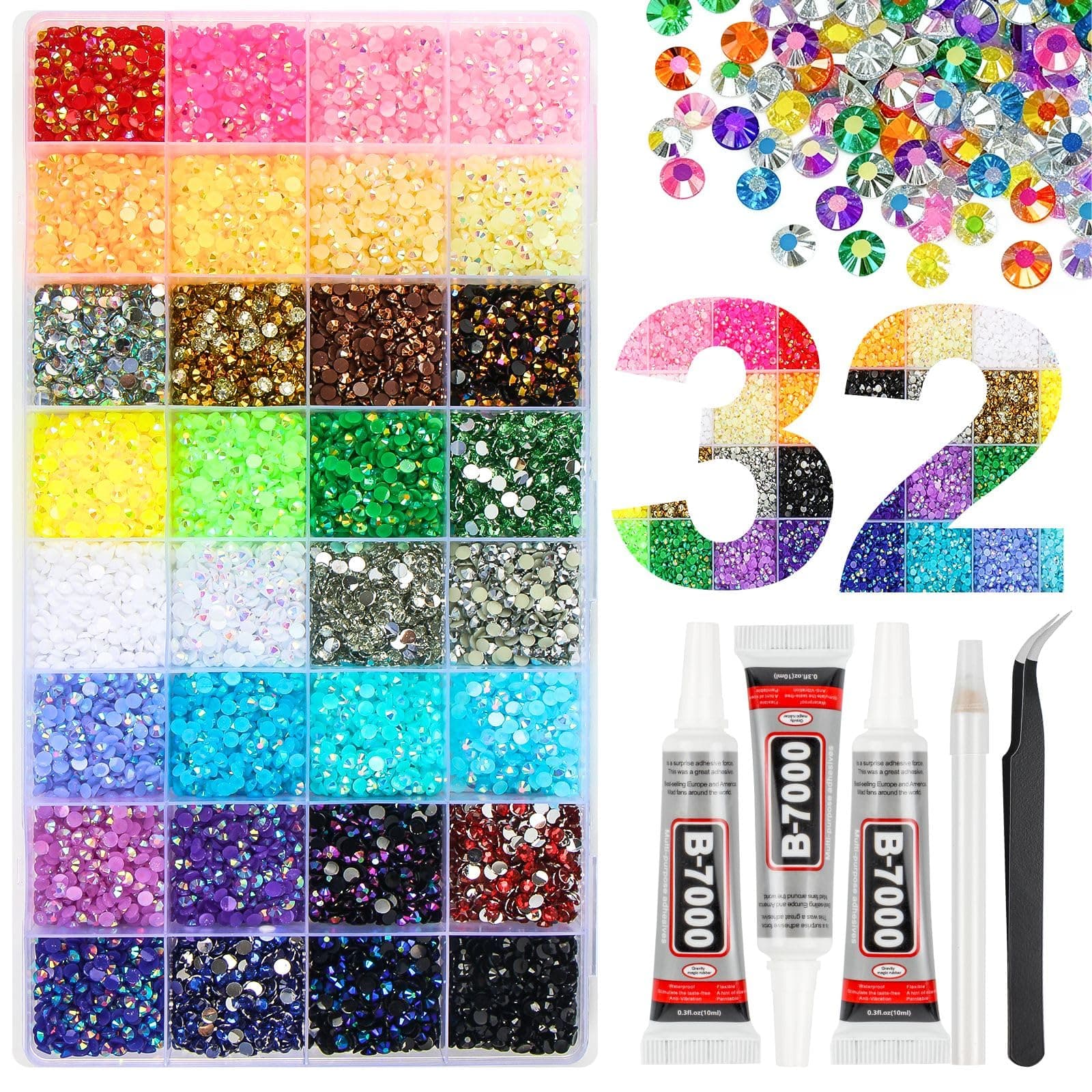 56000Pcs 32 Colors Jelly Resin Rhinestones for Bedazzling, 3mm Multicolor Flatback Gems for Crafting, Bedazzler Kit with 3Pcs B7000 Jewelry Glue for Clothes Shoes Nail Book Diamond Art